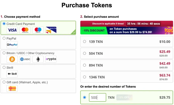 BongaCams' Purchase Tokens page with US card prices from 139 tokens for $10 to 1,346 for $74.99, shown with a temporary 15% discount