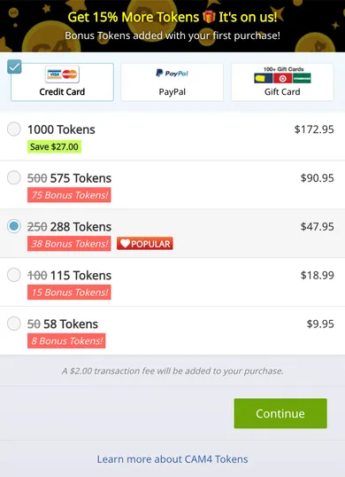 Cam4's token purchase window with US card prices: 50 tokens for $9.95, 100 for $18.99, 250 for $47.95, 500 for $90.95 and 1,000 for $172.95, with first-purchase bonus tokens and a $2.00 transaction fee
