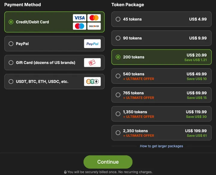 Stripchat's Buy Tokens window with US card prices: 45 tokens for $4.99, 90 for $9.99, 200 for $20.99, 540 for $49.99, 765 for $69.99, 1,350 for $119.99 and 2,350 for $199.99